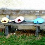 Bunte Gießkannen auf einer Bank