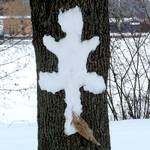Katze aus Schnee klebt am Baum