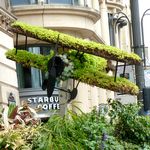 Gruener Doppeldecker mit Blumen gebildet